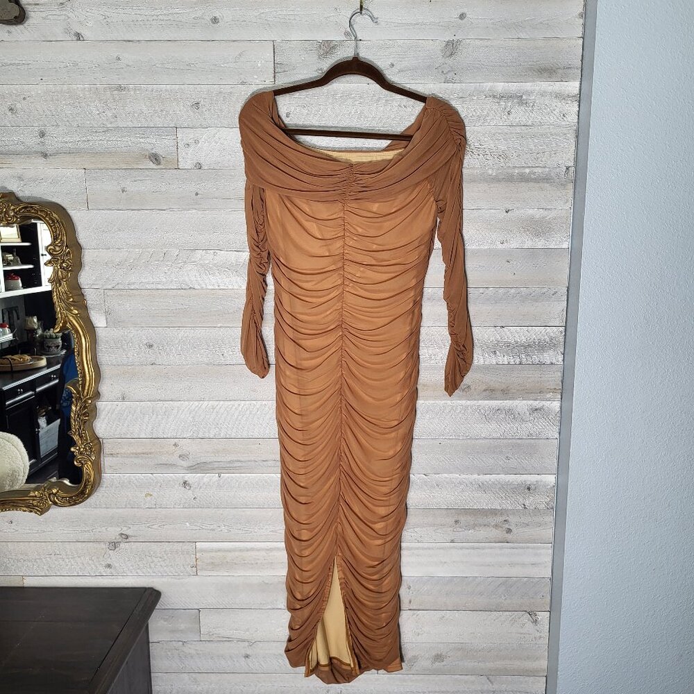 Pretty Garden Maxi Dress Ruched Off Shoulder Earthy BOHO Festival.